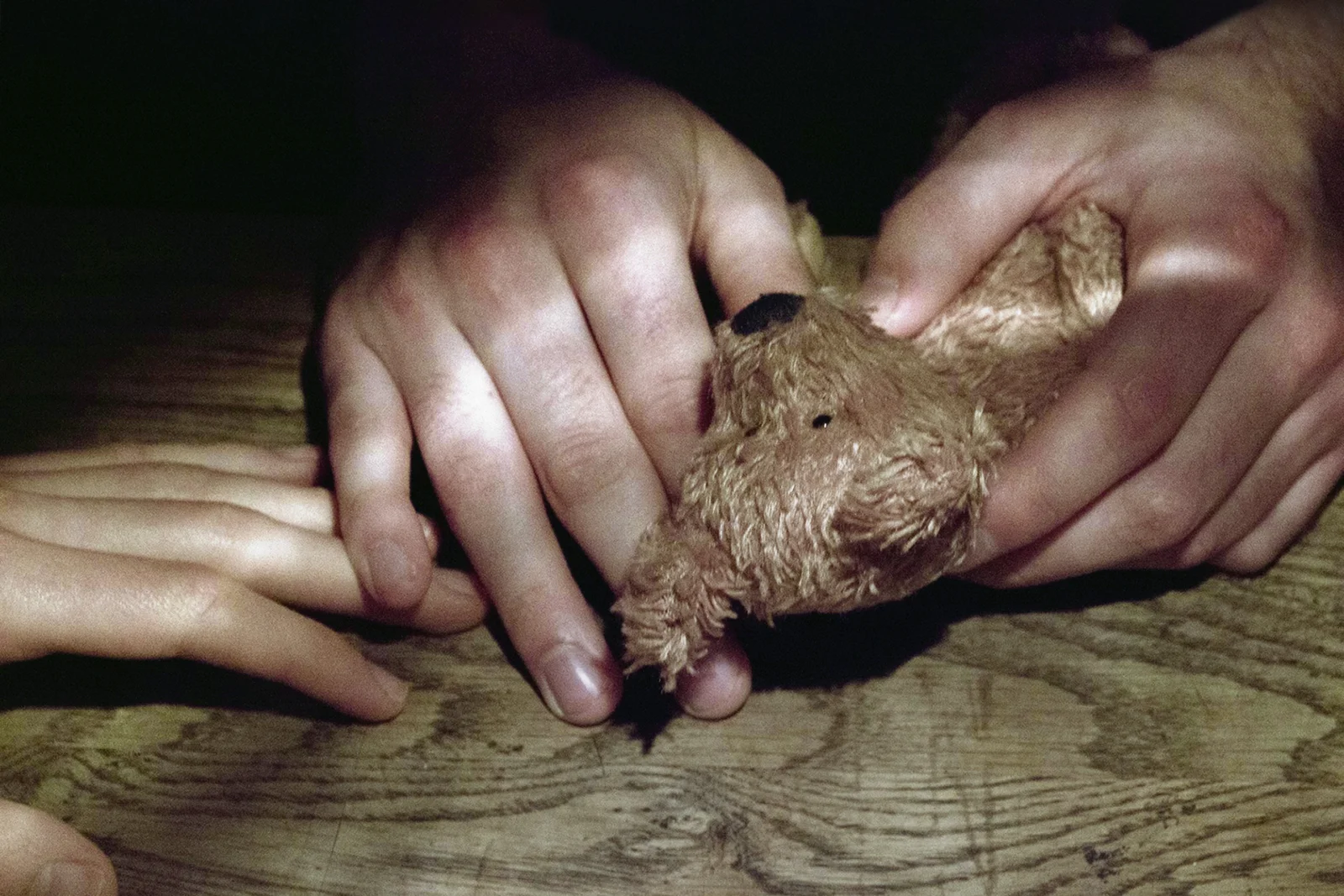 Nahaufnahme: Mehrere Hände halten einen abgenutzten Teddybären auf einer Holzfläche.