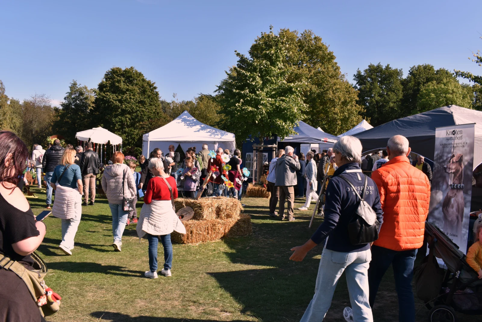 Marktbesucherinnen und -besucher zwischen weißen Pavillons auf einer sonnigen Wiese mit Bäumen.
