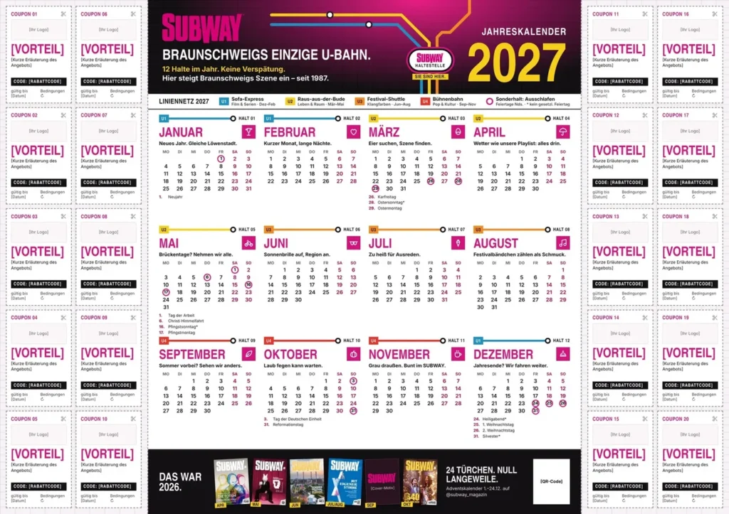 SUBWAY Jahreskalender 2027 als Wandkalender mit 20 Coupons links und rechts