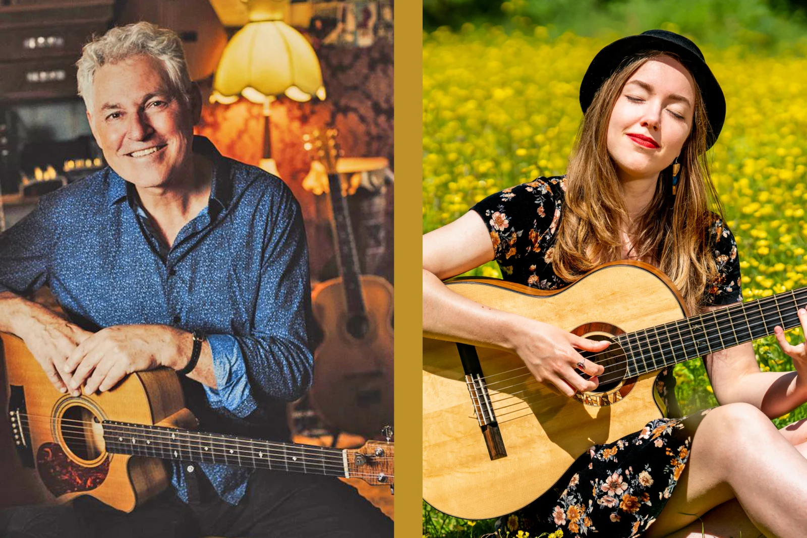 Zwei Musizierende mit Gitarre: links ein grauhaariger Mann im Jeanshemd, rechts eine junge Frau mit Hut auf einer Blumenwiese.